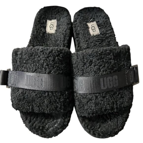 UGG Black Fuzzy Platform Slides - Picture 1 of 8